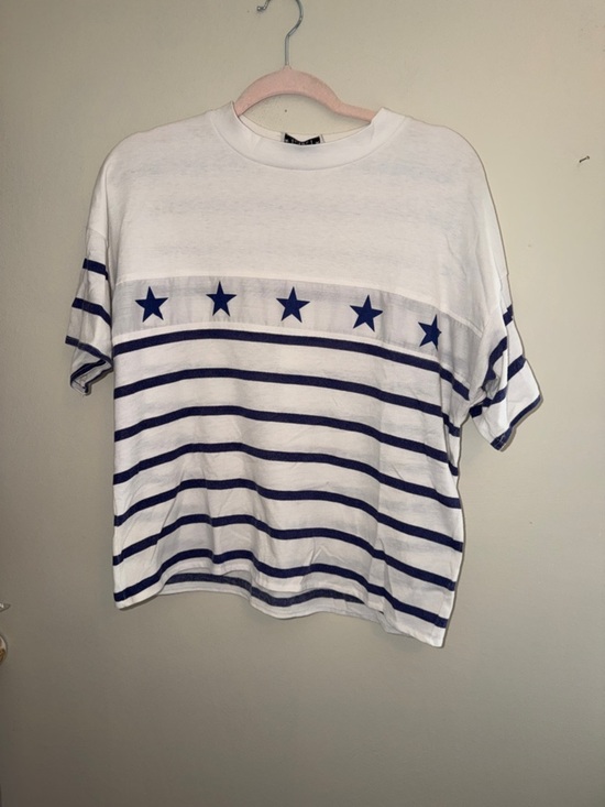 Vintage Tops - Vintage Striped Star Boxy Tee - White & Navy